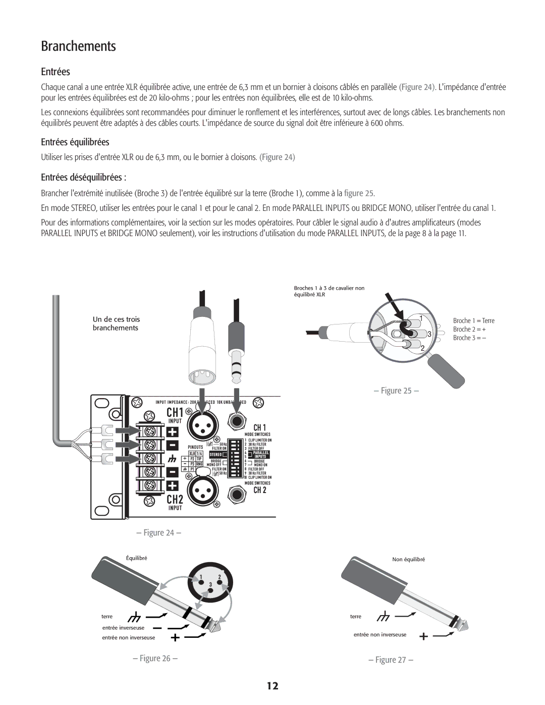 QSC Audio CMX 2000V user manual Branchements, Entrées équilibrées, Entrées déséquilibrées 