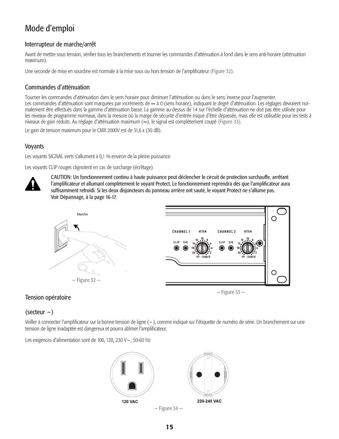 QSC Audio CMX 2000V user manual Mode demploi, Interrupteur de marche/arrêt, Commandes datténuation, Voyants 