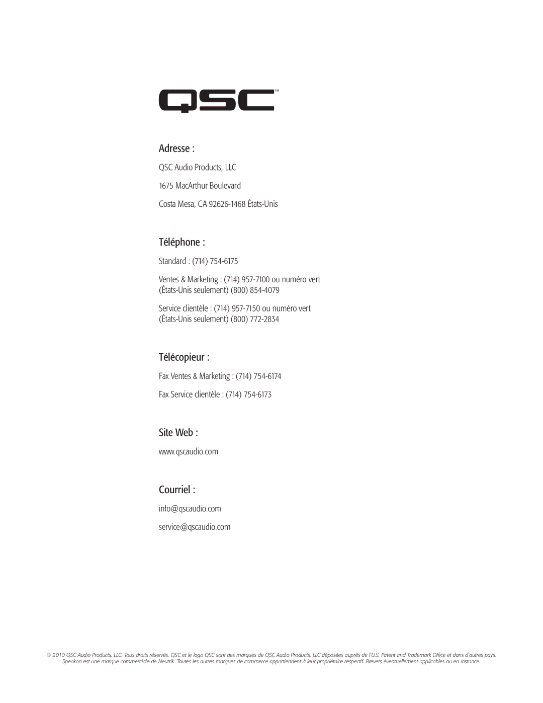 QSC Audio CMX 2000V user manual Adresse, Téléphone, Télécopieur, Site Web Courriel 