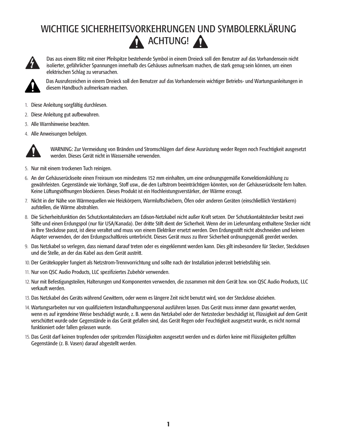 QSC Audio CMX 2000V user manual Achtung 