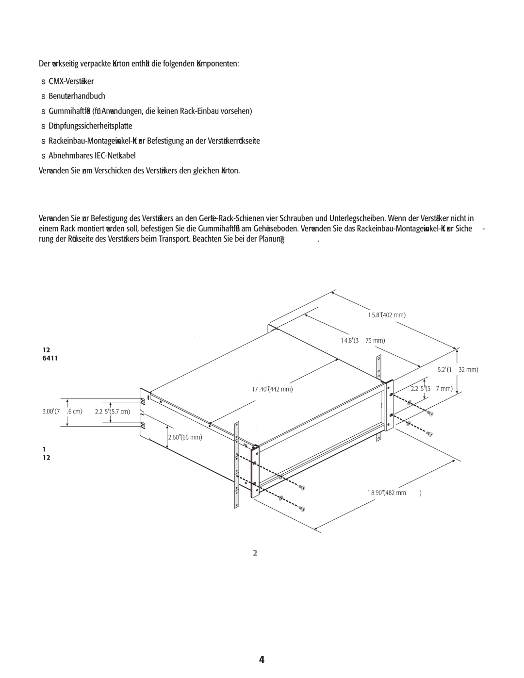 QSC Audio CMX 2000V user manual Auspacken, Rack-Einbau 