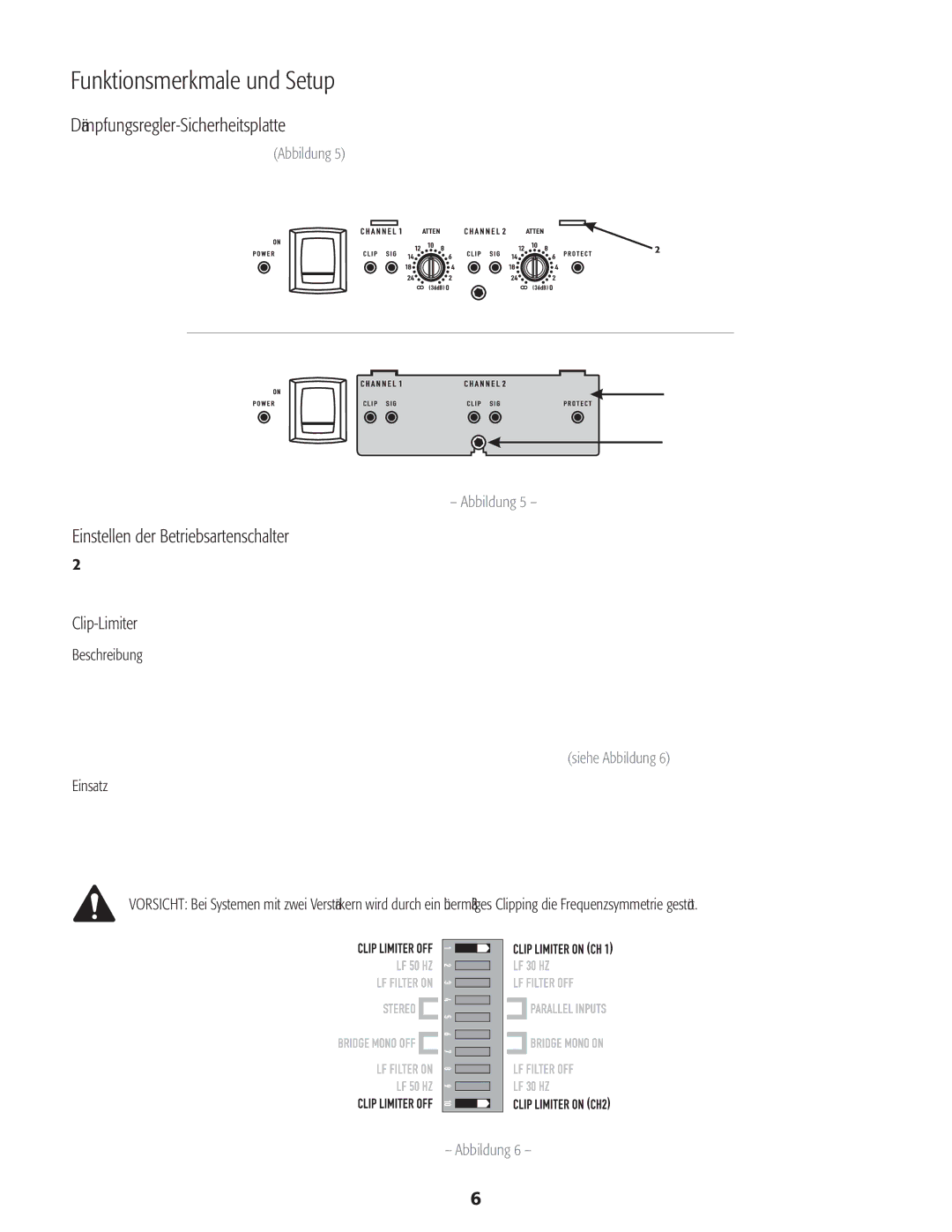 QSC Audio CMX 2000V Funktionsmerkmale und Setup, Dämpfungsregler-Sicherheitsplatte, Einstellen der Betriebsartenschalter 