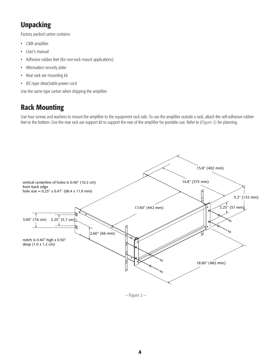 QSC Audio CMX 2000V user manual Unpacking, Rack Mounting 