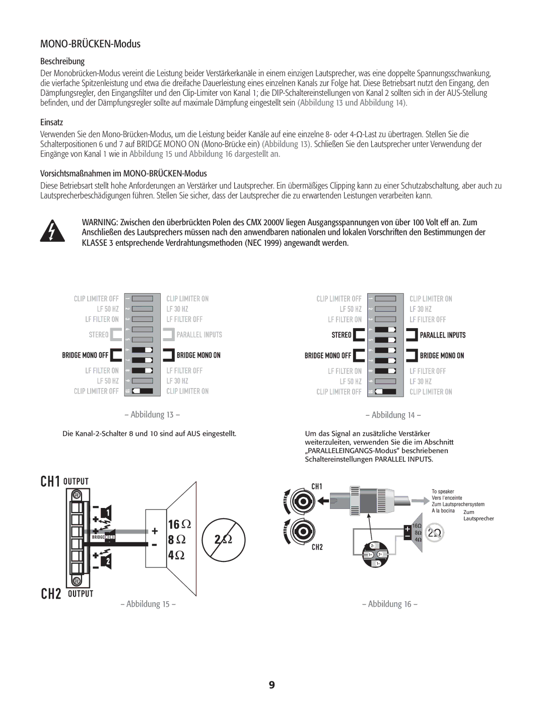 QSC Audio CMX 2000V user manual Vorsichtsmaßnahmen im MONO-BRÜCKEN-Modus 