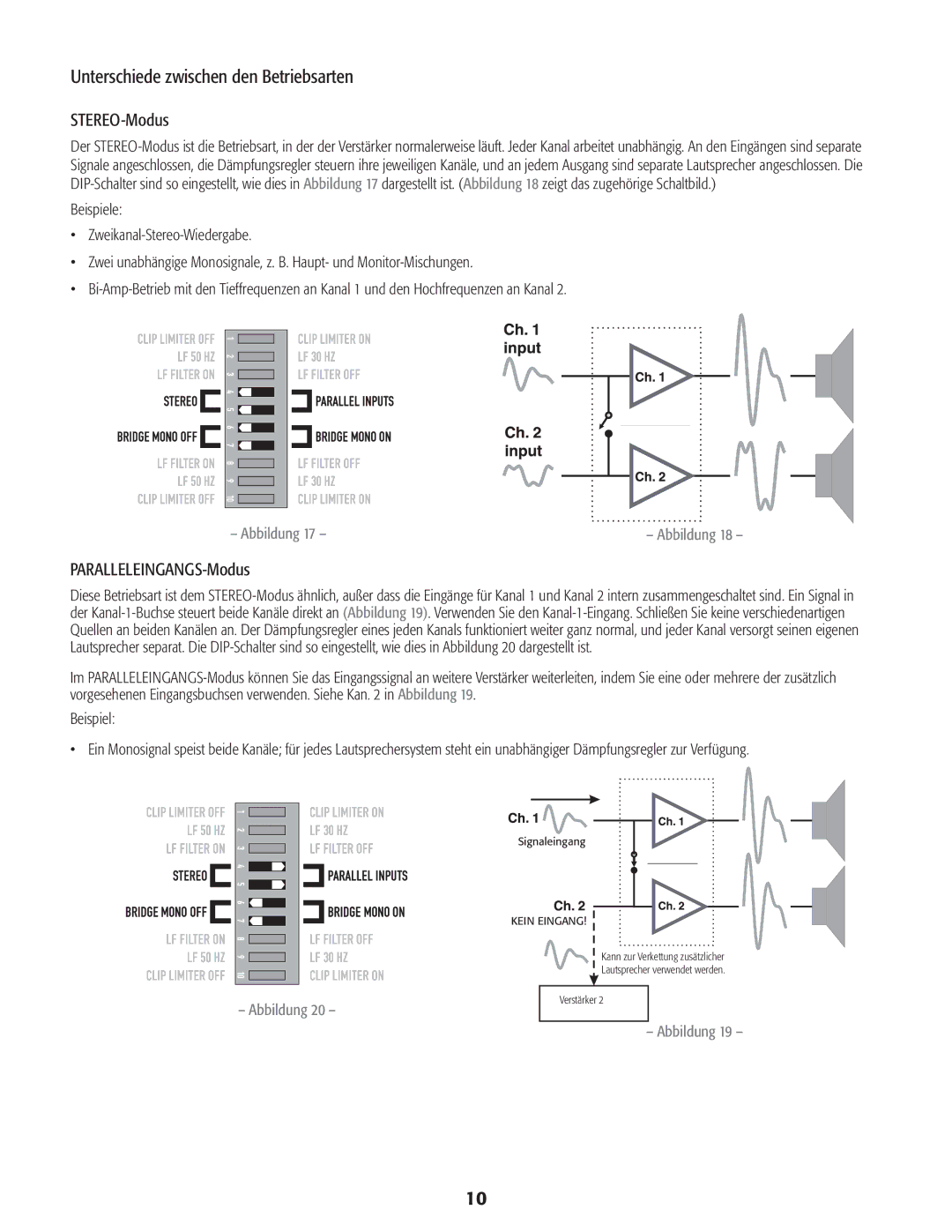 QSC Audio CMX 2000V user manual Unterschiede zwischen den Betriebsarten, STEREO-Modus, PARALLELEINGANGS-Modus 