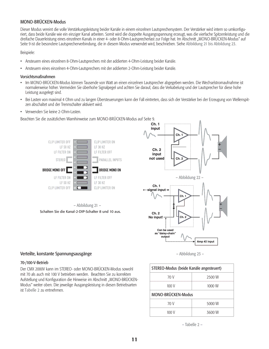 QSC Audio CMX 2000V user manual MONO-BRÜCKEN-Modus, Verteilte, konstante Spannungsausgänge, 70-/100-V-Betrieb 