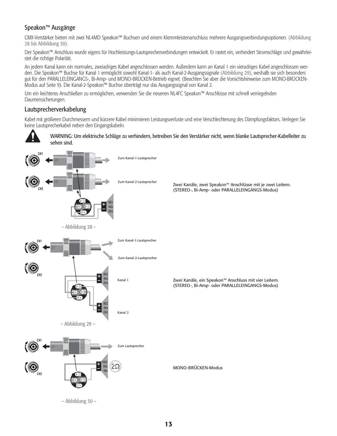 QSC Audio CMX 2000V user manual Speakon Ausgänge, Lautsprecherverkabelung 