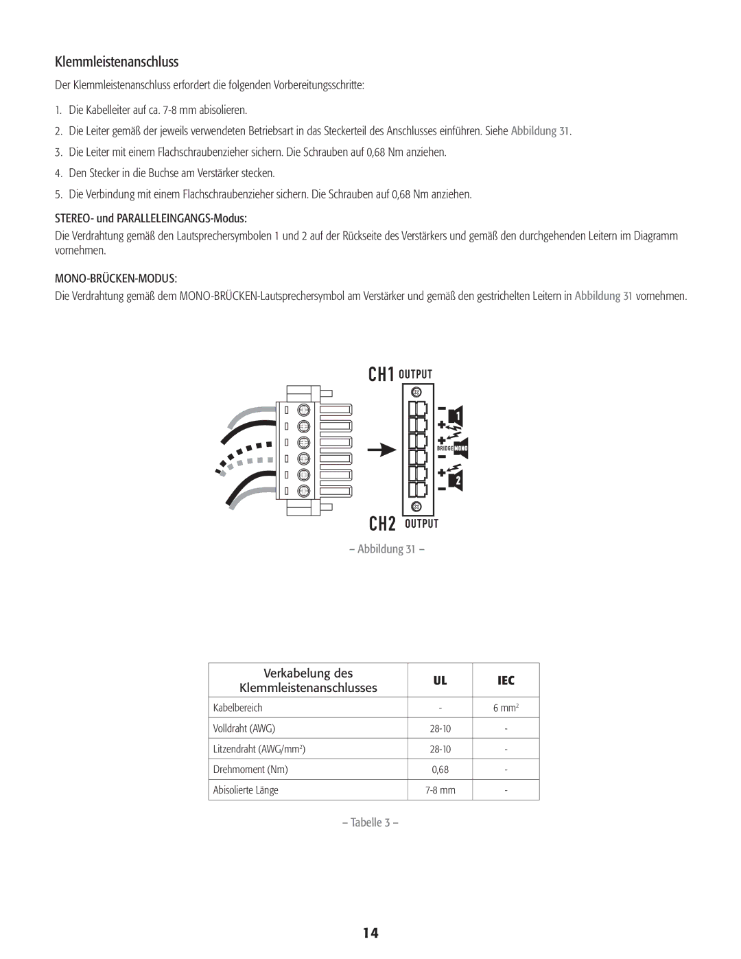 QSC Audio CMX 2000V user manual Verkabelung des, Klemmleistenanschlusses 