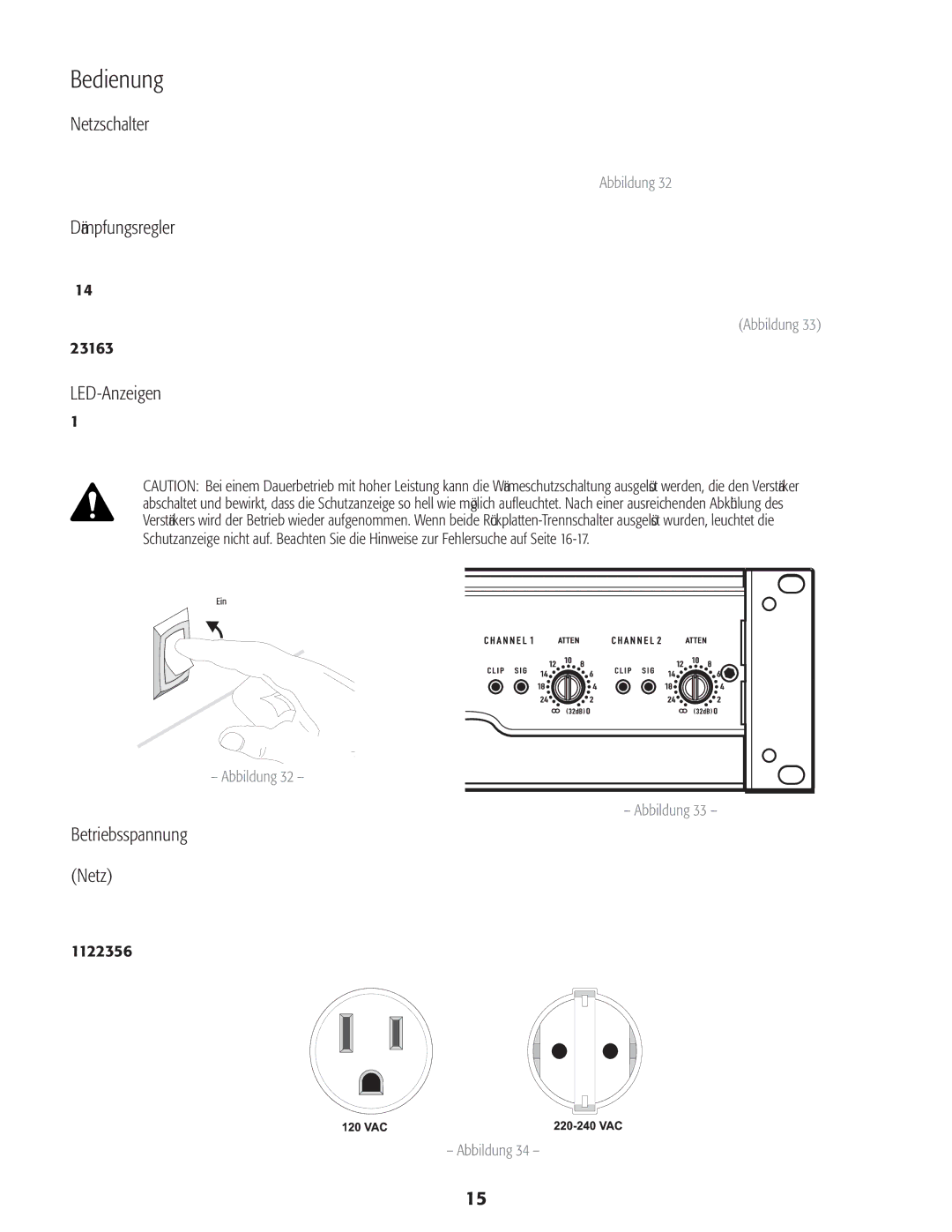 QSC Audio CMX 2000V user manual Bedienung, Netzschalter, Dämpfungsregler, LED-Anzeigen, Betriebsspannung Netz 