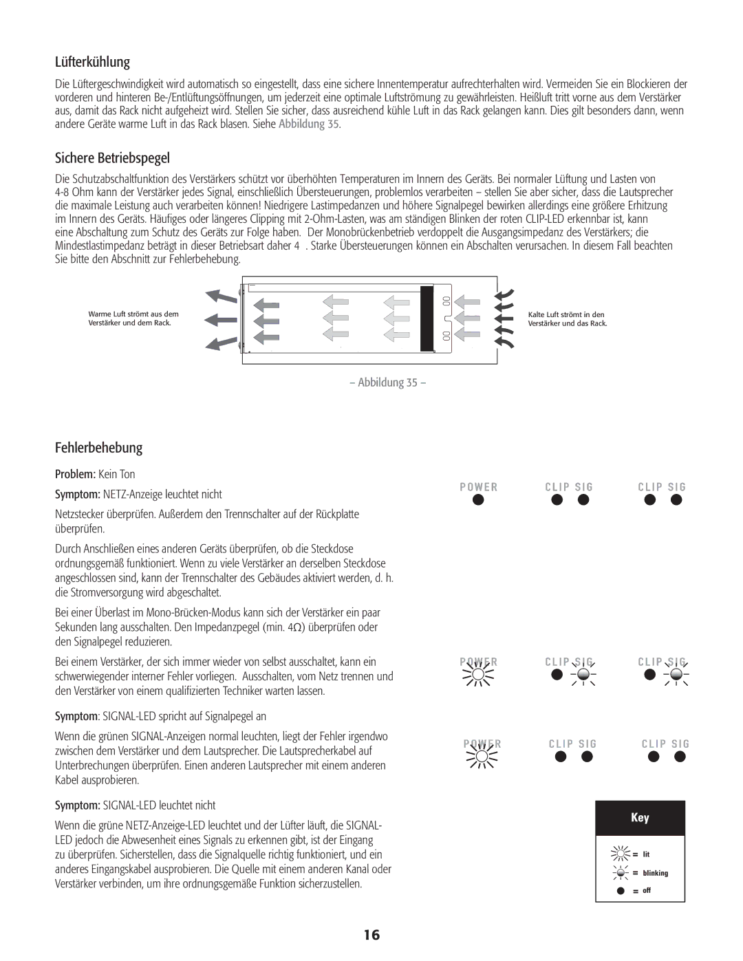 QSC Audio CMX 2000V Lüfterkühlung, Sichere Betriebspegel, Fehlerbehebung, Symptom SIGNAL-LED spricht auf Signalpegel an 