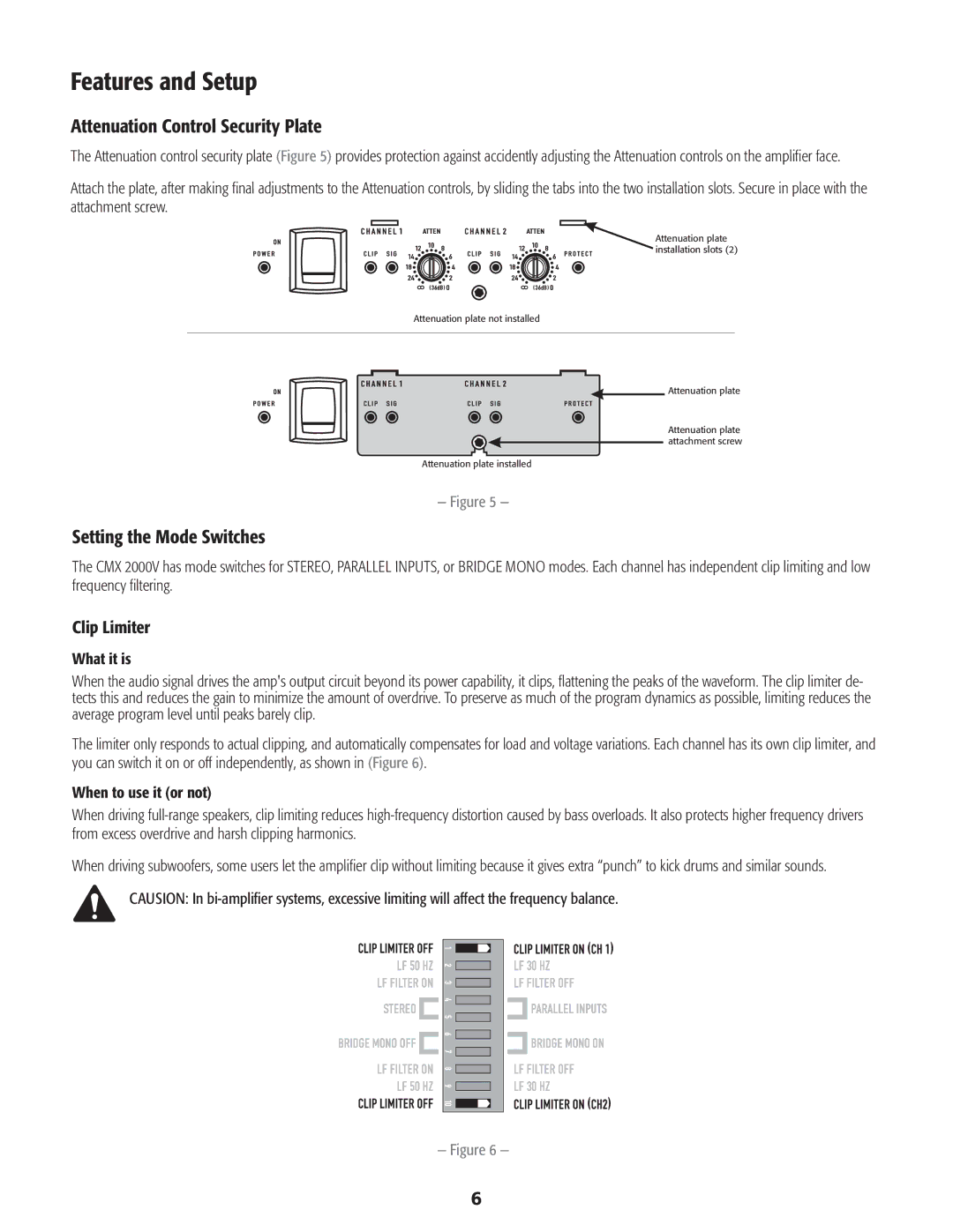 QSC Audio CMX 2000V Features and Setup, Attenuation Control Security Plate, Setting the Mode Switches, Clip Limiter 