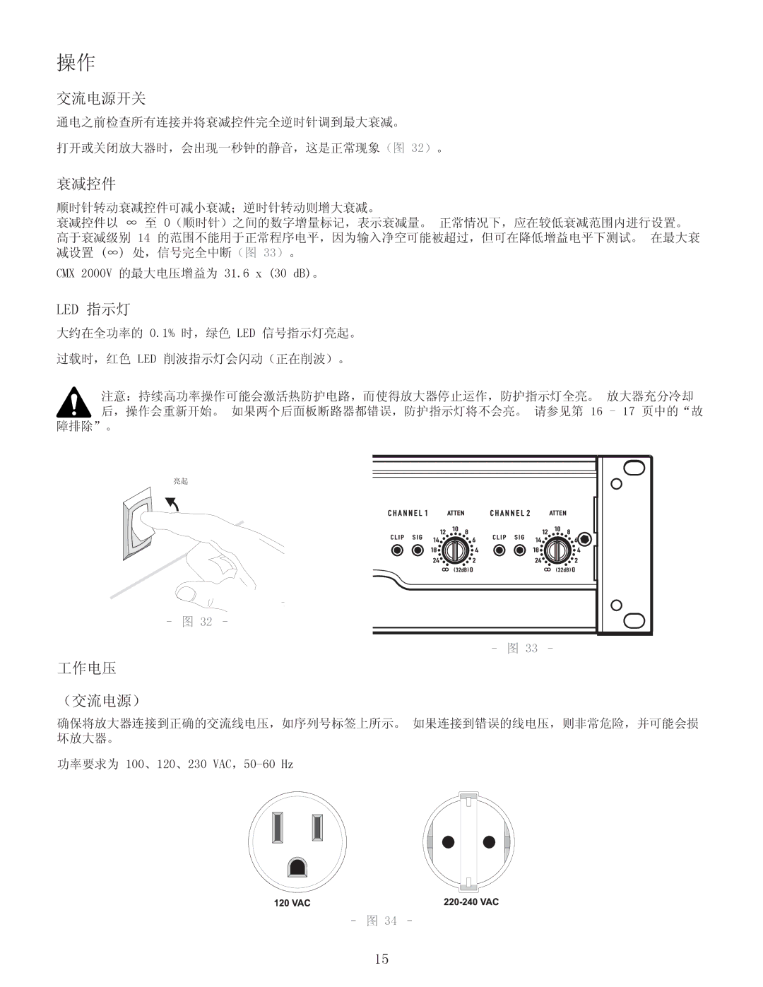 QSC Audio CMX 2000V user manual 交流电源开关, 衰减控件, Led 指示灯, 工作电压 （交流电源） 