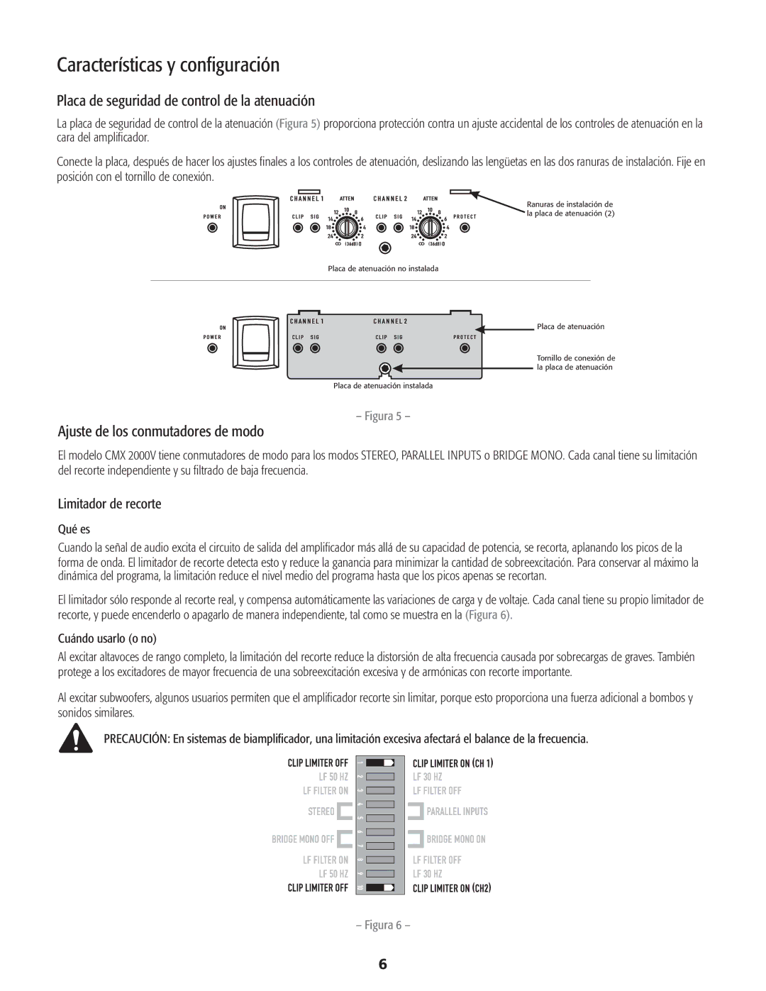 QSC Audio CMX 2000V Características y configuración, Placa de seguridad de control de la atenuación, Limitador de recorte 