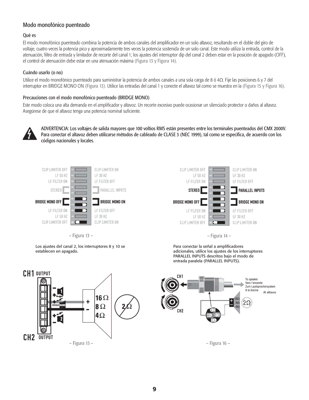 QSC Audio CMX 2000V user manual Modo monofónico puenteado, Figura 