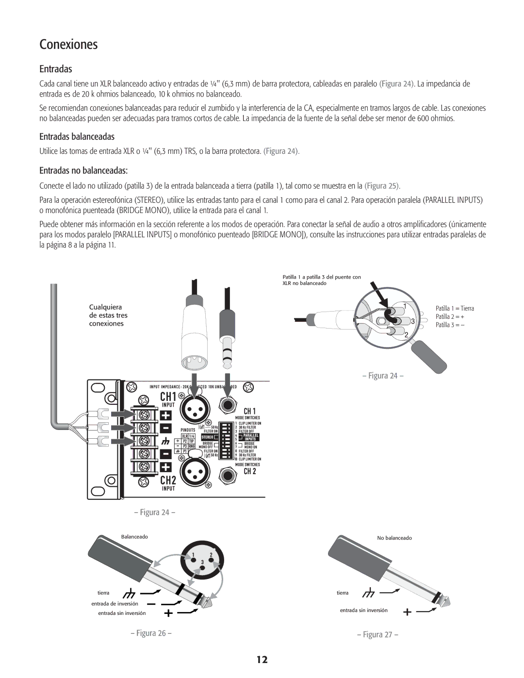 QSC Audio CMX 2000V user manual Conexiones, Entradas balanceadas, Entradas no balanceadas 