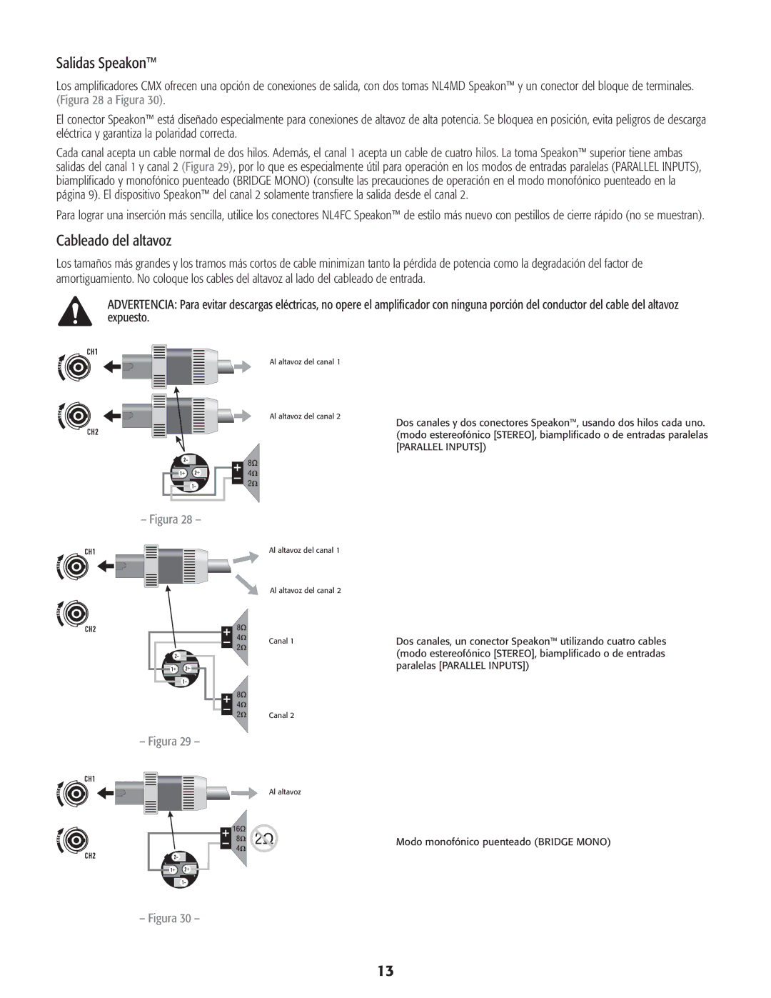 QSC Audio CMX 2000V user manual Salidas Speakon, Cableado del altavoz 