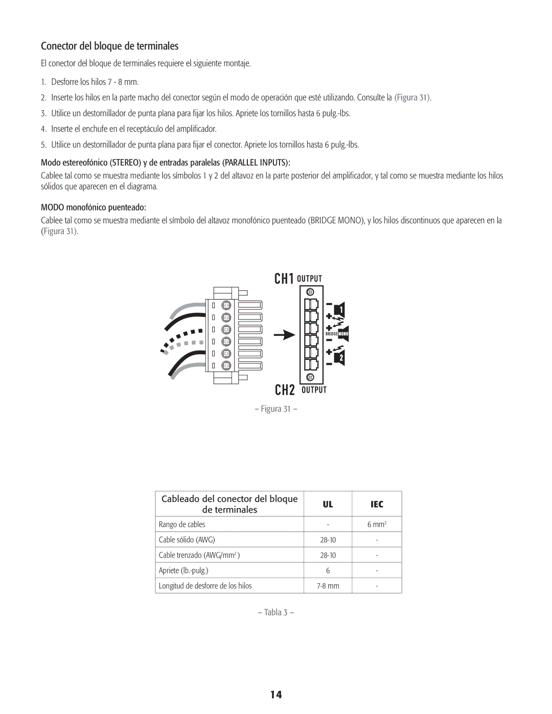 QSC Audio CMX 2000V user manual Conector del bloque de terminales, Cableado del conector del bloque, De terminales 