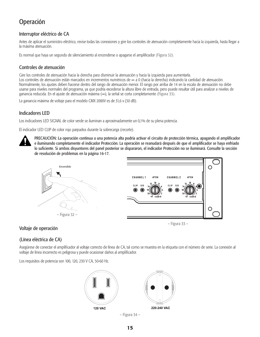 QSC Audio CMX 2000V user manual Operación, Interruptor eléctrico de CA, Controles de atenuación, Indicadores LED 