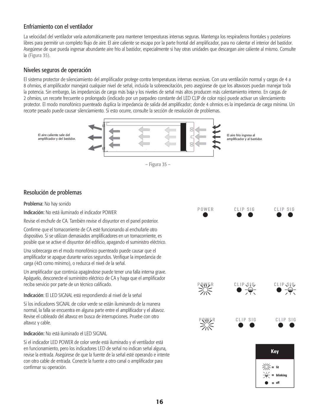 QSC Audio CMX 2000V user manual Enfriamiento con el ventilador, Niveles seguros de operación, Resolución de problemas 