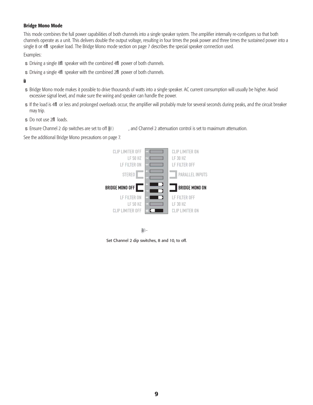 QSC Audio CMX 300V, CMX 800V, CMX 500V user manual Bridge Mono Mode, Set Channel 2 dip switches, 8 and 10, to off 