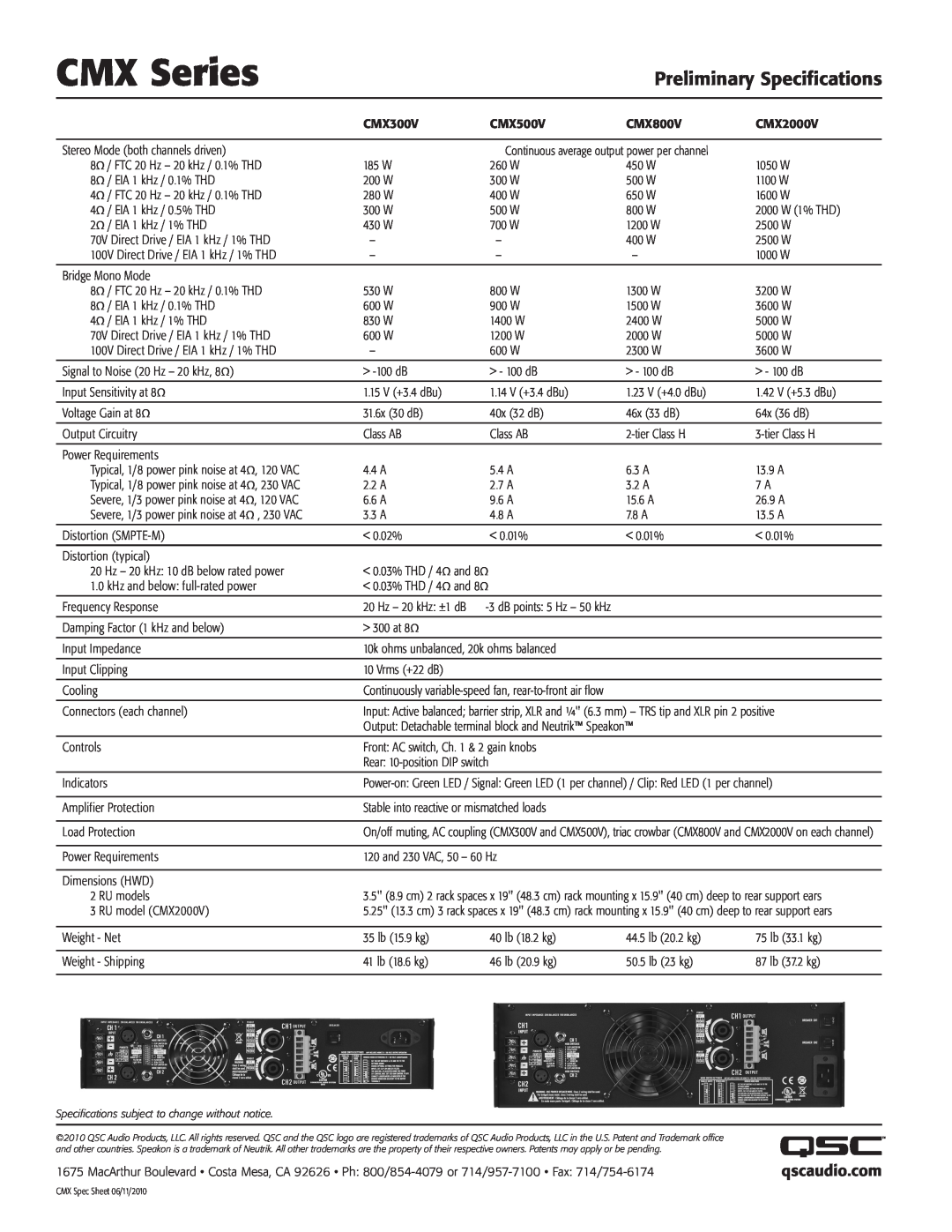 QSC Audio CMX500V, CMX800V, CMX300V manual qscaudio.com, CMX Series, Preliminary Specifications 