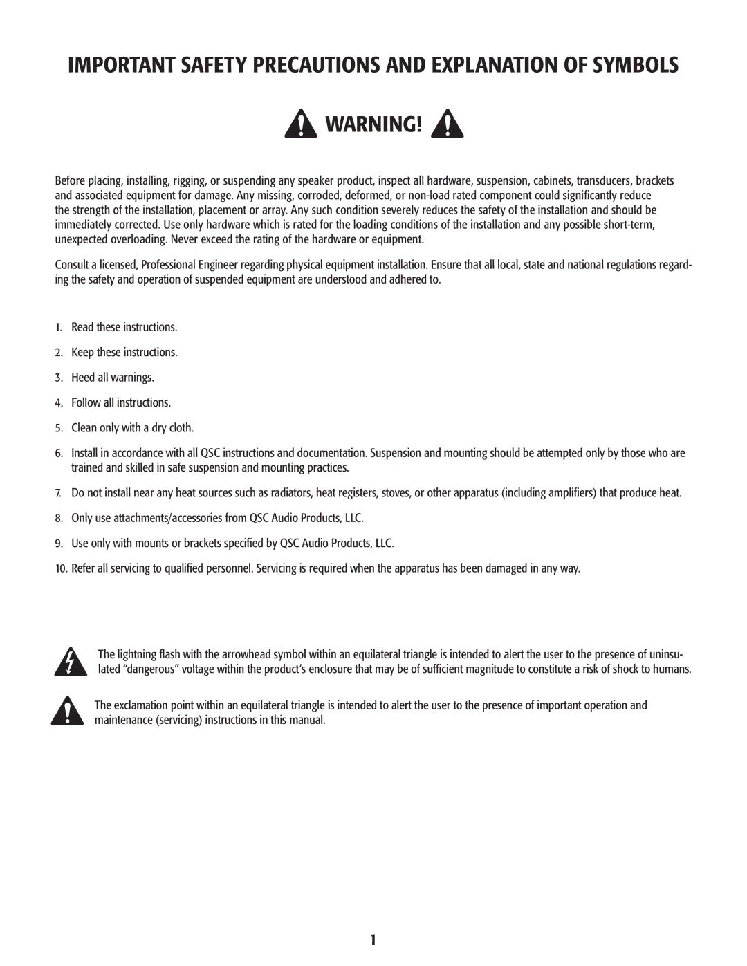 QSC Audio CSM12, CSM10, CSM15 user manual Important Safety Precautions and Explanation of Symbols 