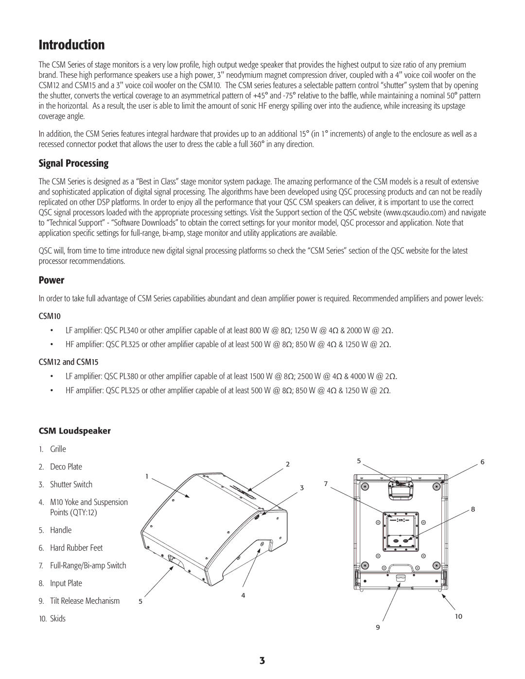 QSC Audio CSM15, CSM12 user manual Introduction, Signal Processing, Power, CSM10 