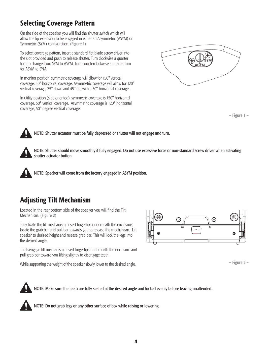 QSC Audio CSM12, CSM10, CSM15 user manual Selecting Coverage Pattern, Adjusting Tilt Mechanism 