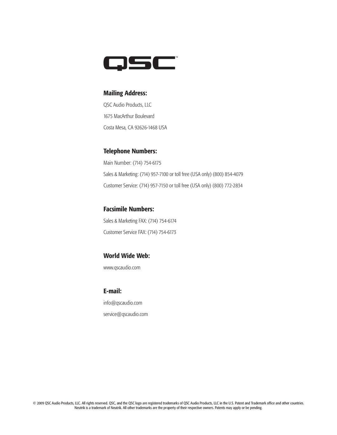 QSC Audio CSM12, CSM10, CSM15 user manual Mailing Address, Telephone Numbers, Facsimile Numbers, World Wide Web Mail 