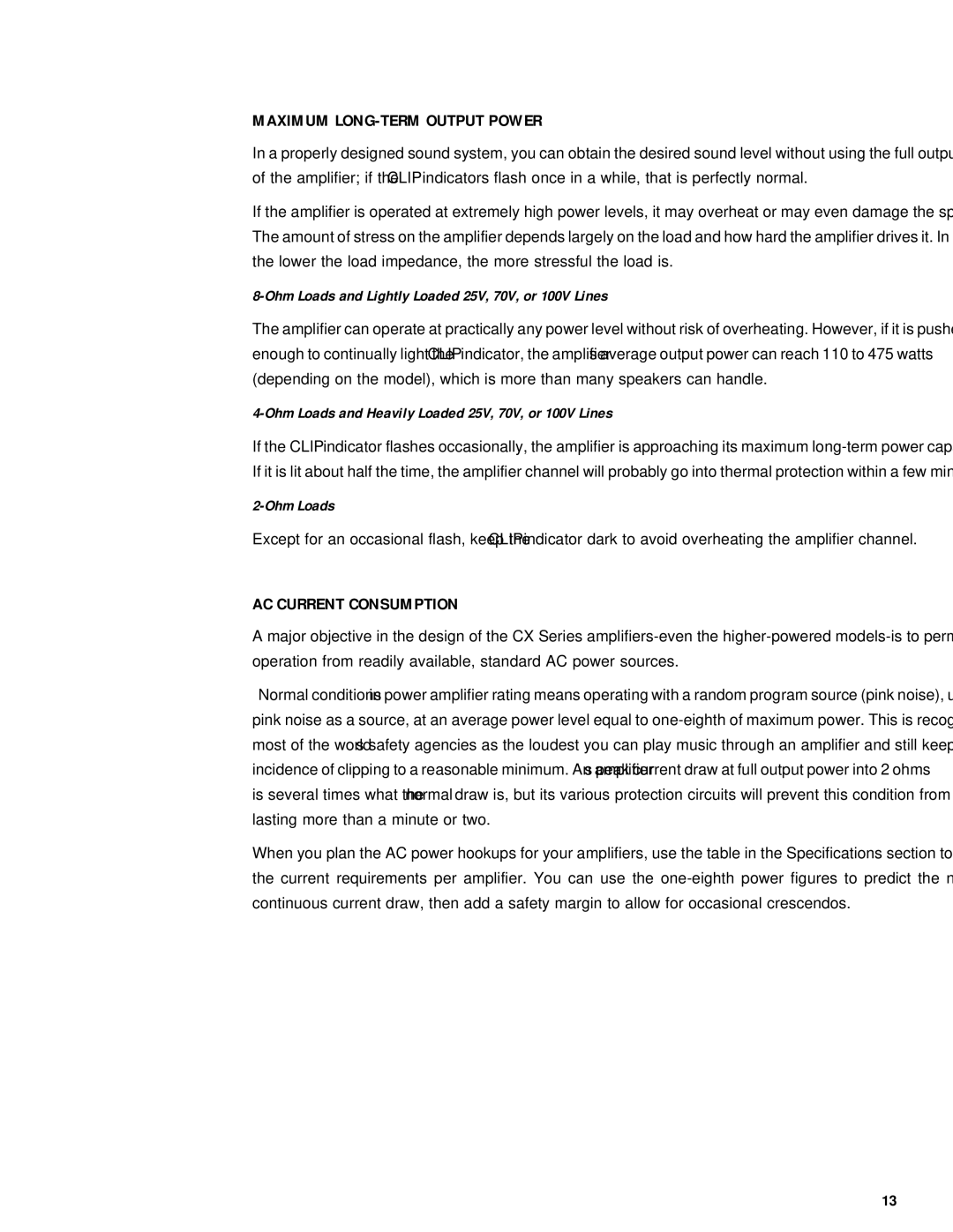 QSC Audio CX Series user manual Maximum LONG-TERM Output Power, AC Current Consumption 