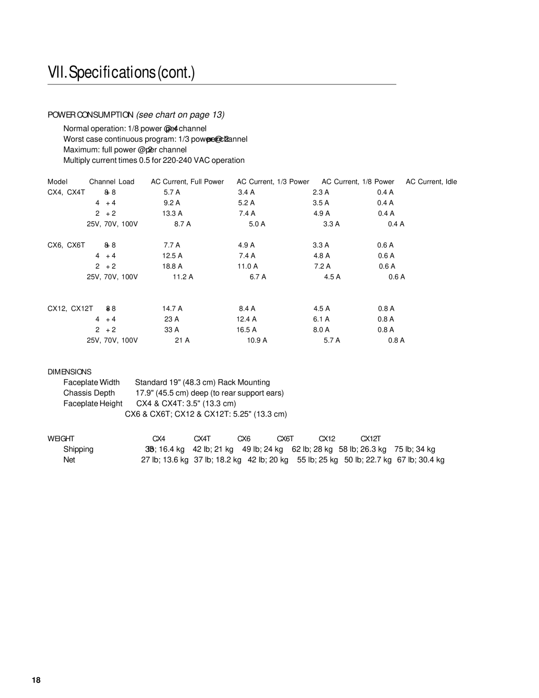 QSC Audio CX Series user manual Dimensions, Weight 