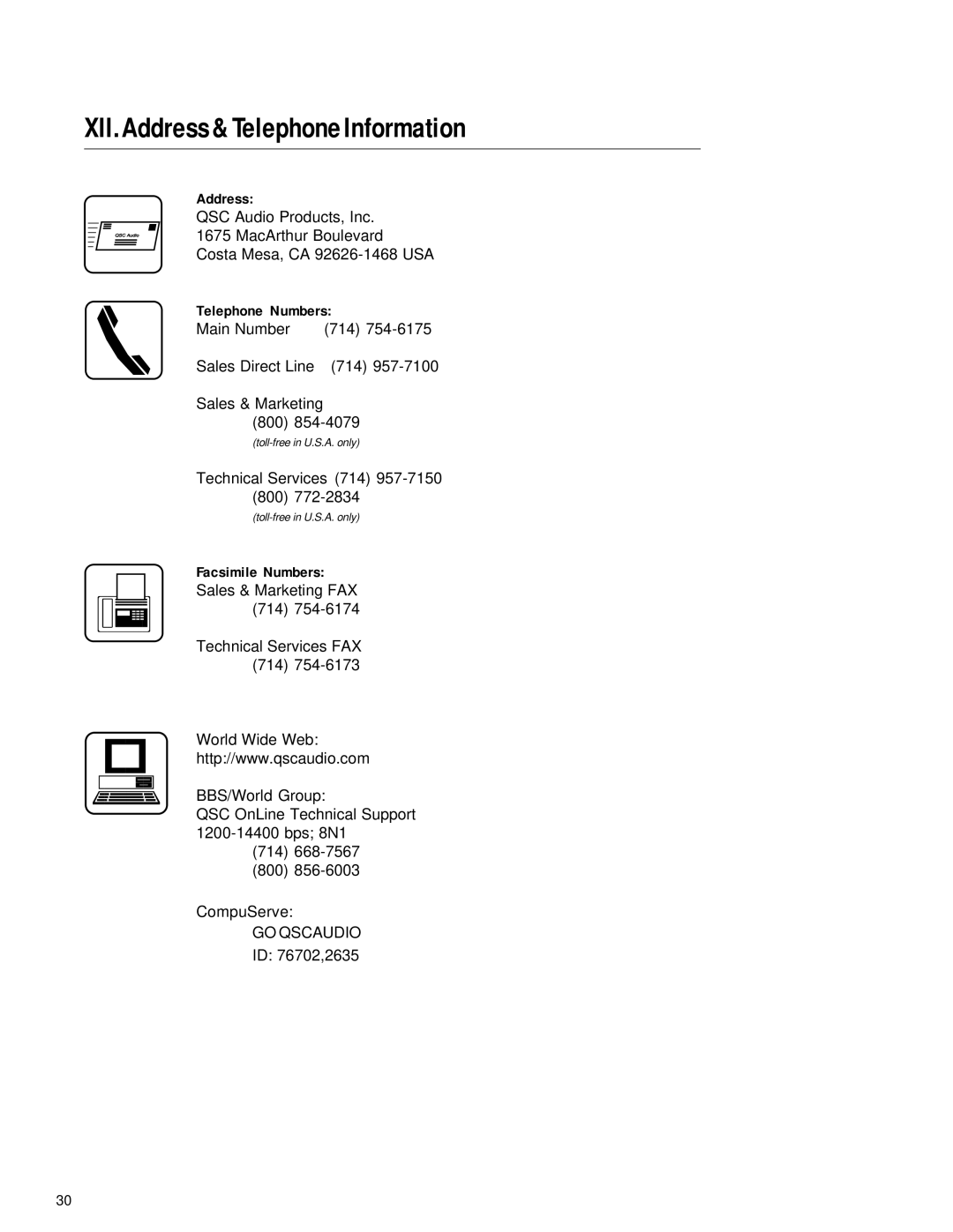 QSC Audio CX Series user manual XII. Address & Telephone Information 