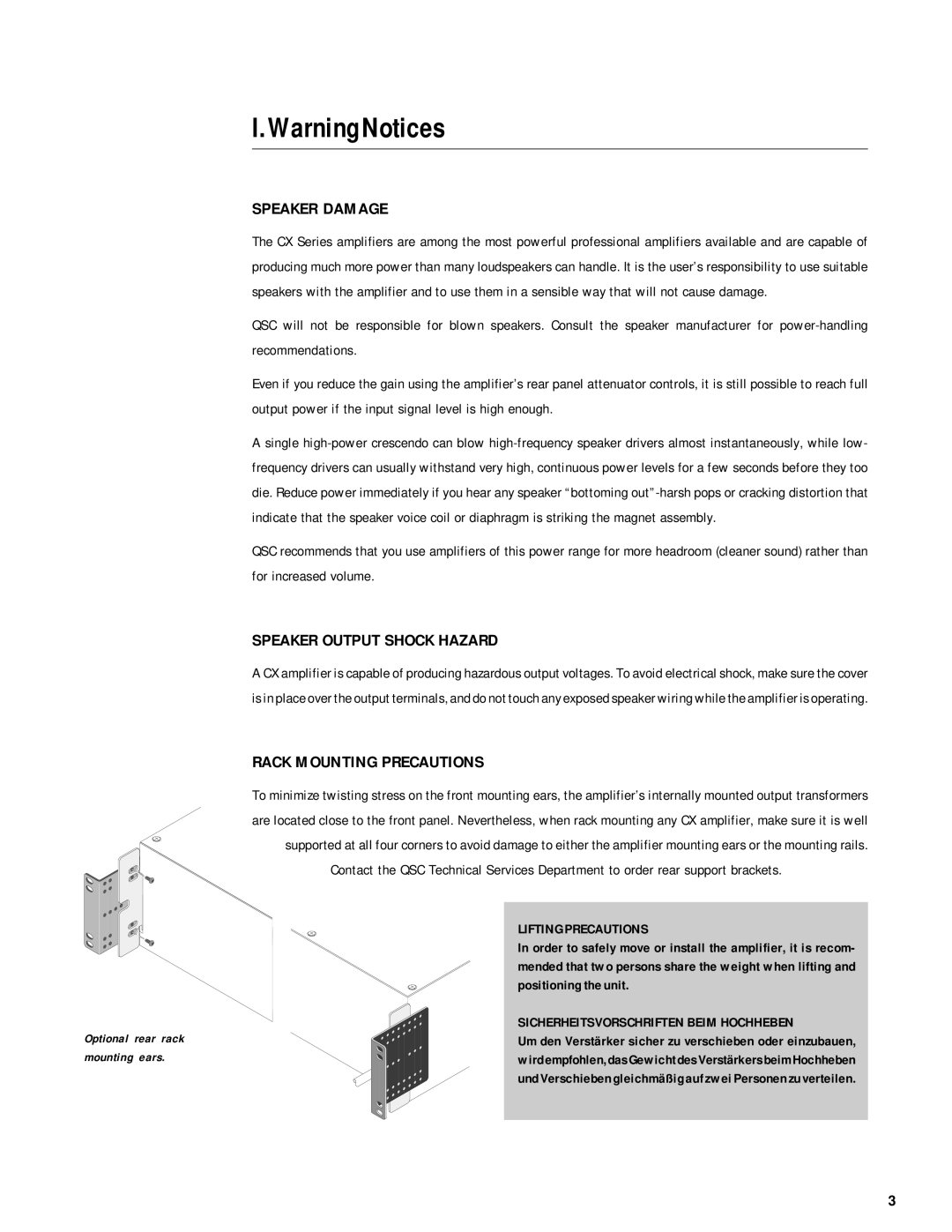 QSC Audio CX Series user manual Speaker Damage, Speaker Output Shock Hazard, Rack Mounting Precautions, Lifting Precautions 