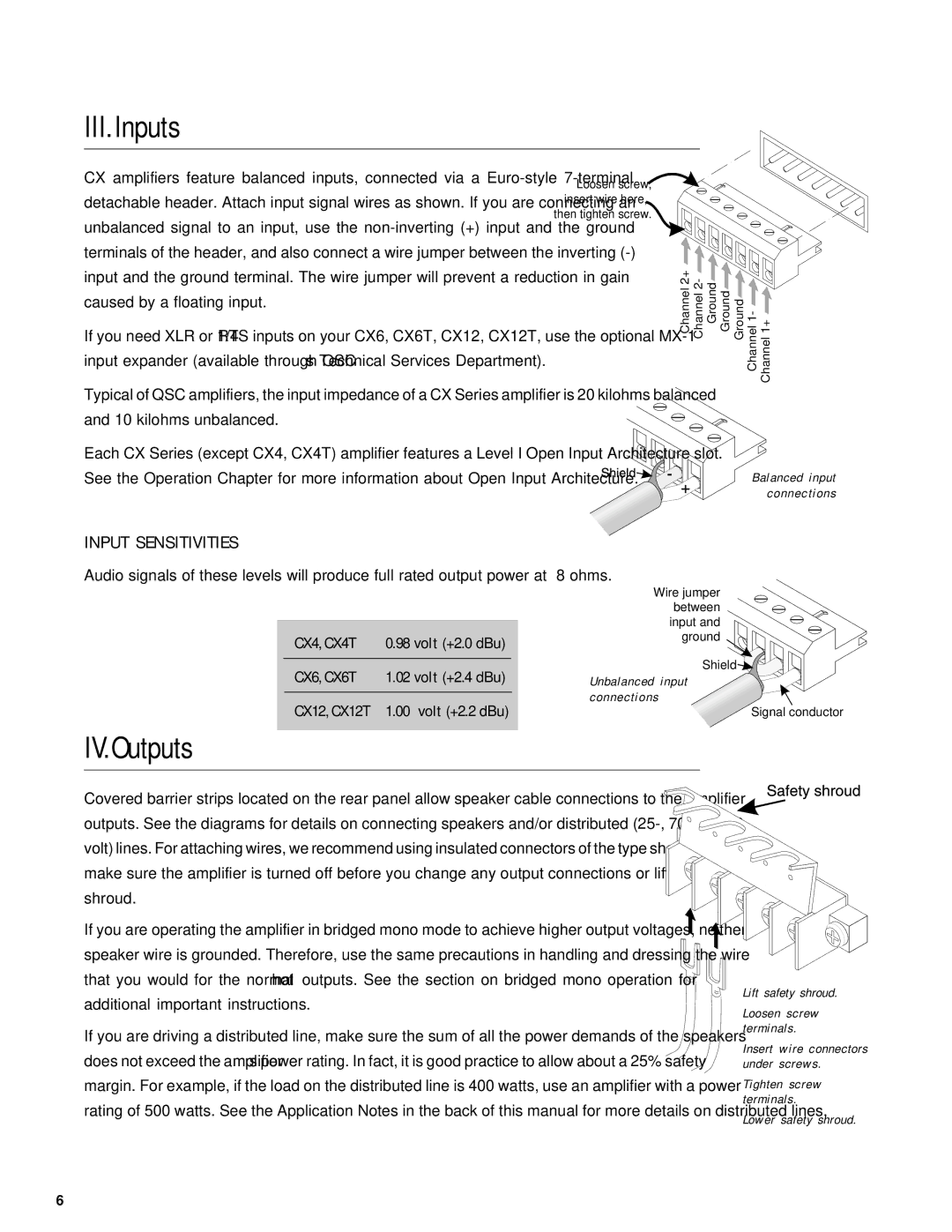 QSC Audio CX Series user manual III. Inputs, IV. Outputs, Input Sensitivities, Caused by a floating input 