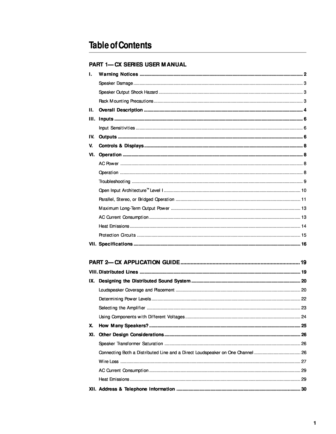 QSC Audio CX Series user manual Table of Contents 