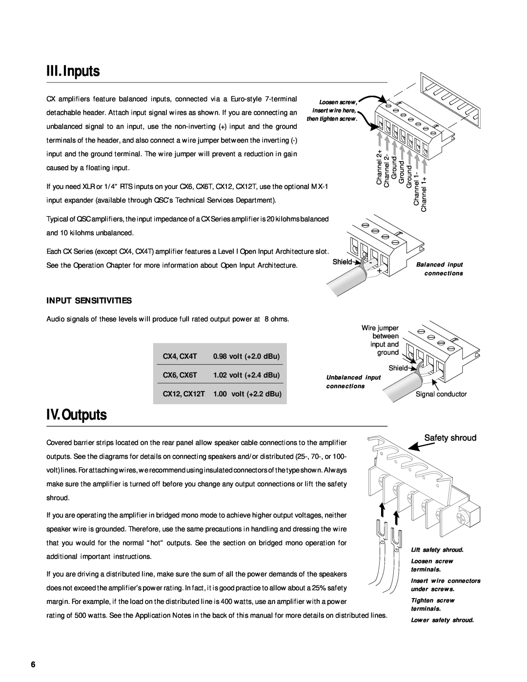 QSC Audio CX Series user manual III. Inputs, IV. Outputs, Input Sensitivities 