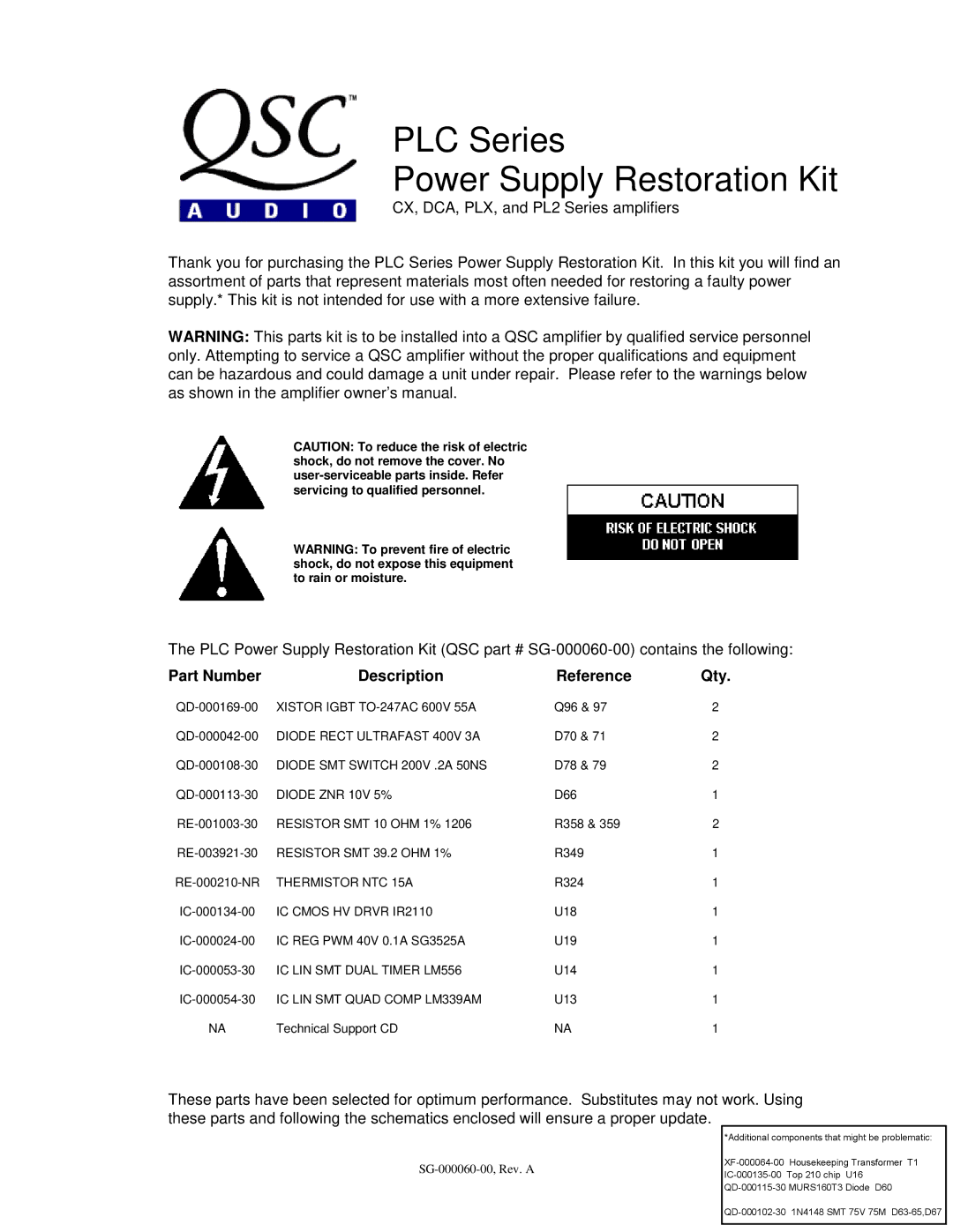 QSC Audio CX owner manual PLC Series Power Supply Restoration Kit, Part Number Description Reference Qty 