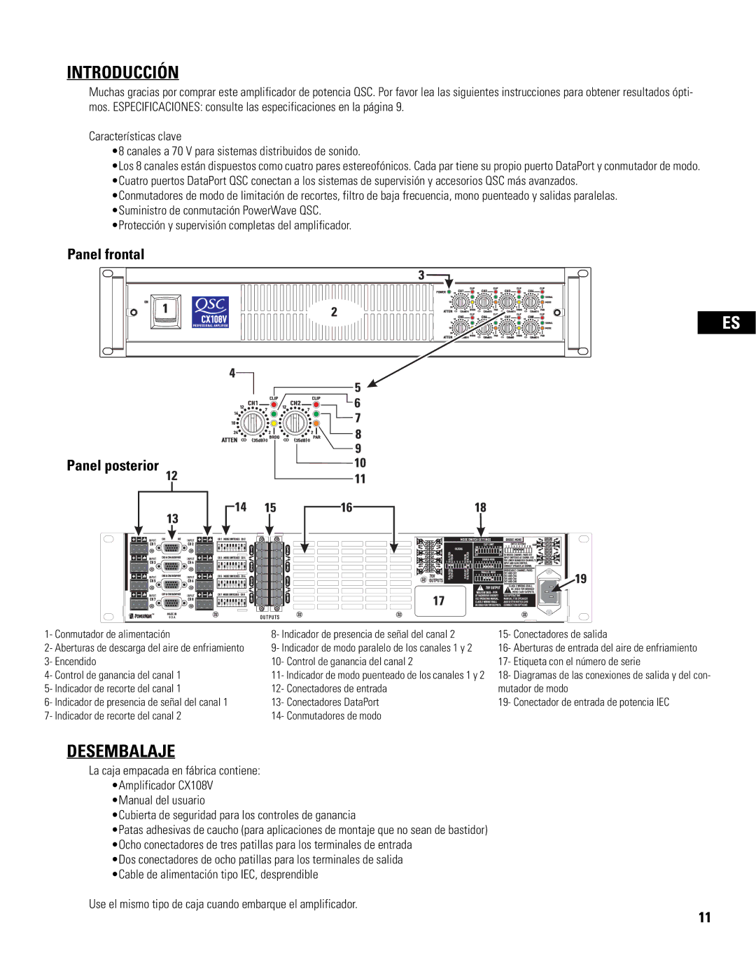 QSC Audio CX108V user manual Introducción, Desembalaje 