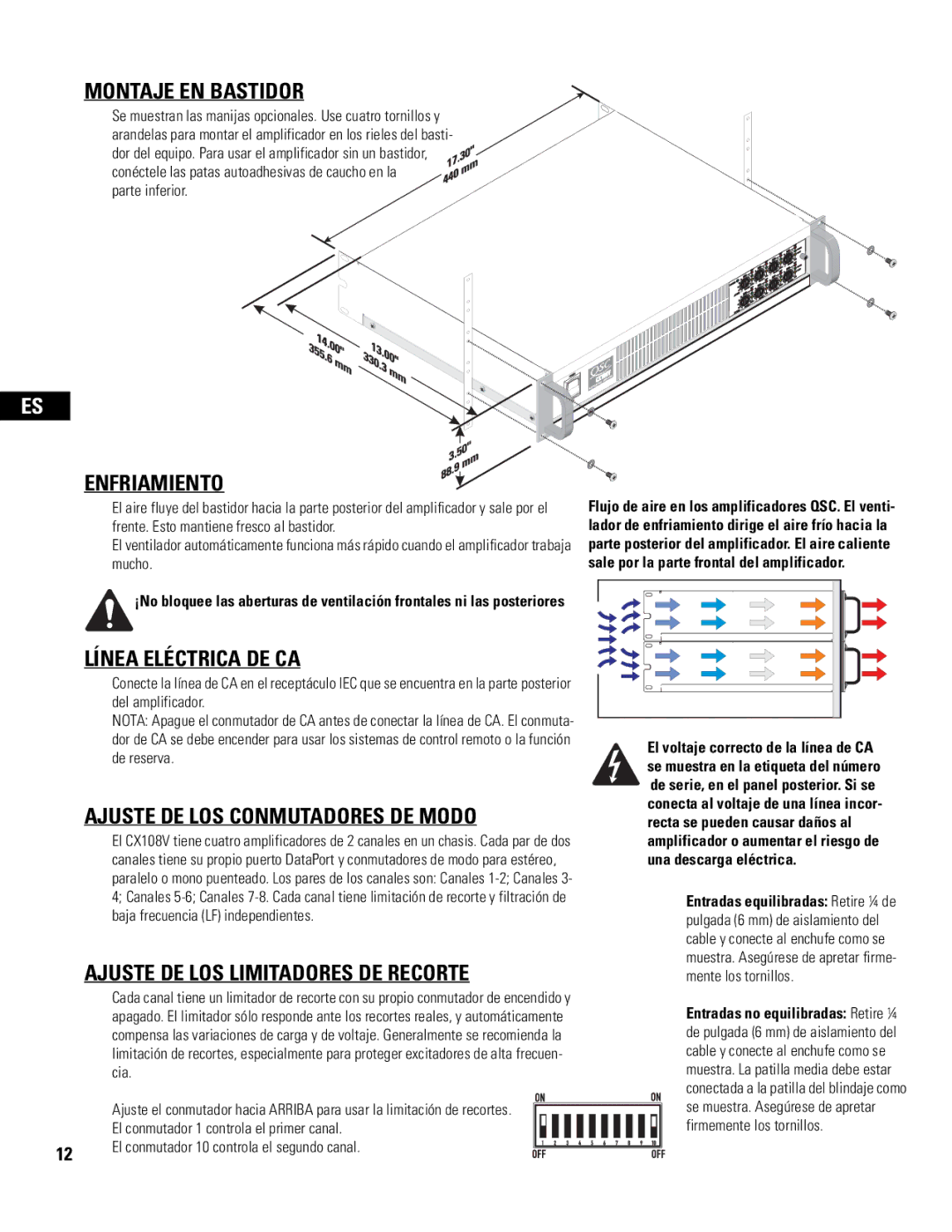 QSC Audio CX108V user manual Montaje EN Bastidor, Enfriamiento, Línea Eléctrica DE CA, Ajuste DE LOS Conmutadores DE Modo 