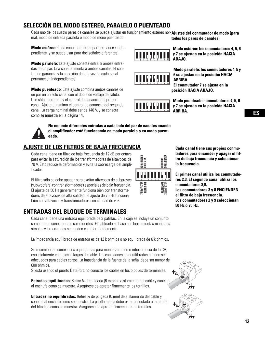 QSC Audio CX108V user manual Selección DEL Modo ESTÉREO, Paralelo O Puenteado, Ajuste DE LOS Filtros DE Baja Frecuencia 