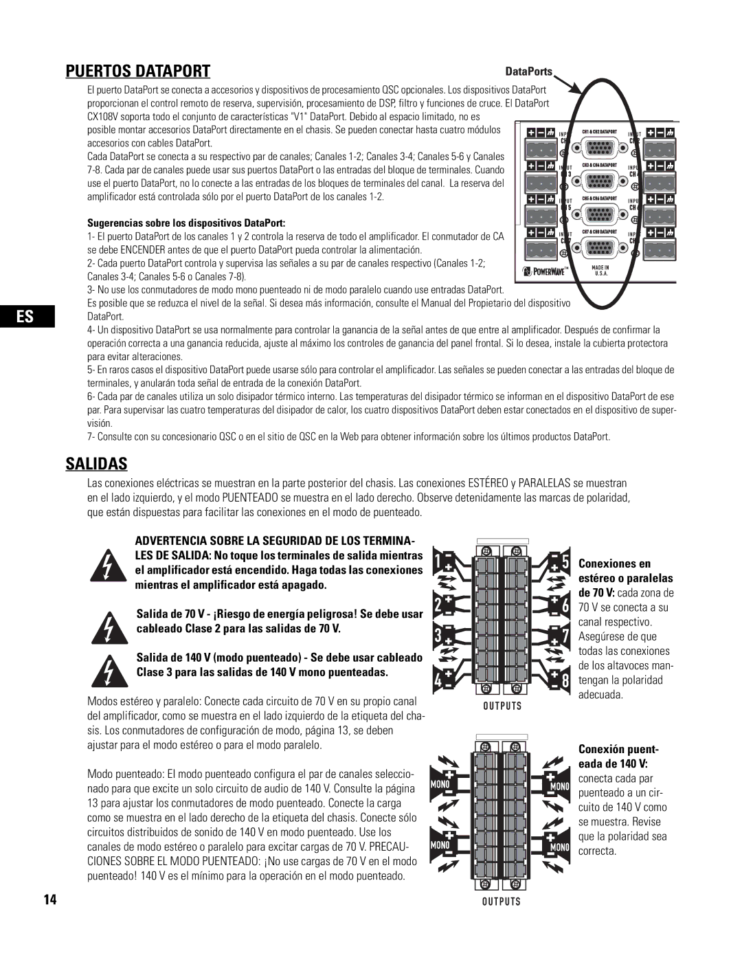 QSC Audio CX108V user manual Puertos Dataport, Salidas 