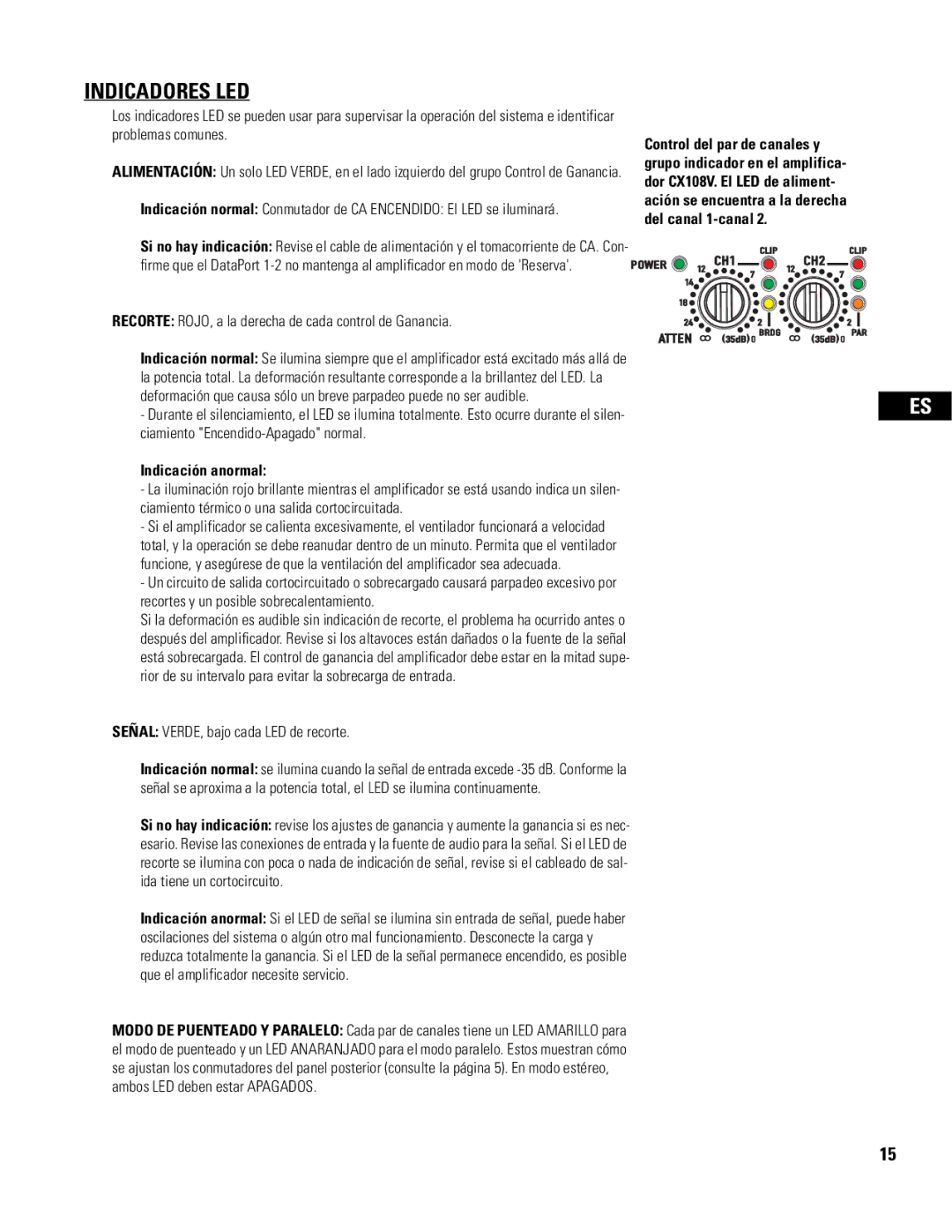 QSC Audio CX108V user manual Indicadores LED, Recorte ROJO, a la derecha de cada control de Ganancia, Indicación anormal 