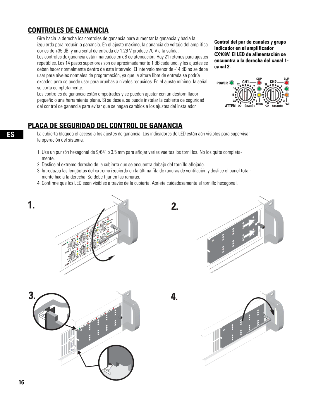 QSC Audio CX108V user manual Controles DE Ganancia, Placa DE Seguridad DEL Control DE Ganancia 