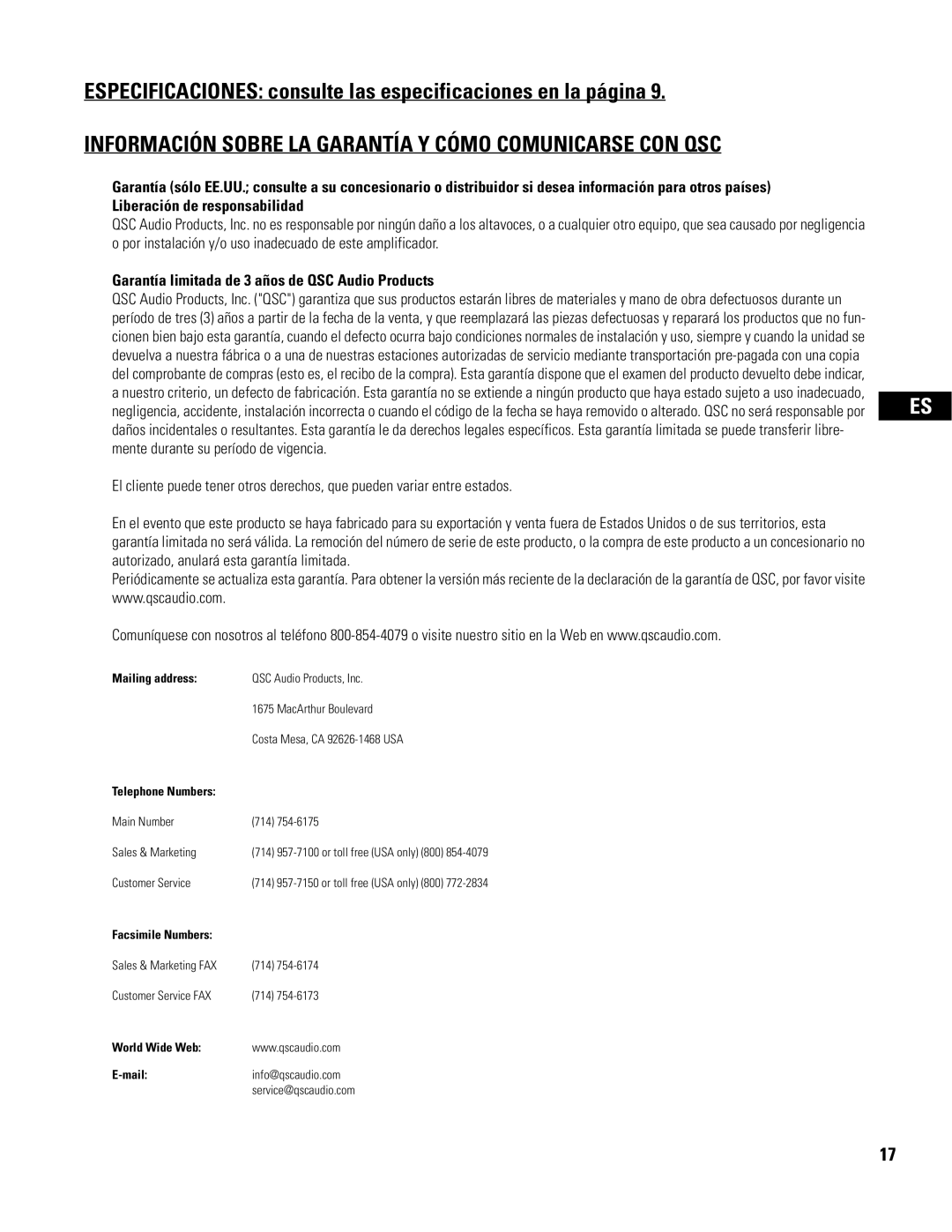 QSC Audio CX108V user manual Información Sobre LA Garantía Y Cómo Comunicarse CON QSC 