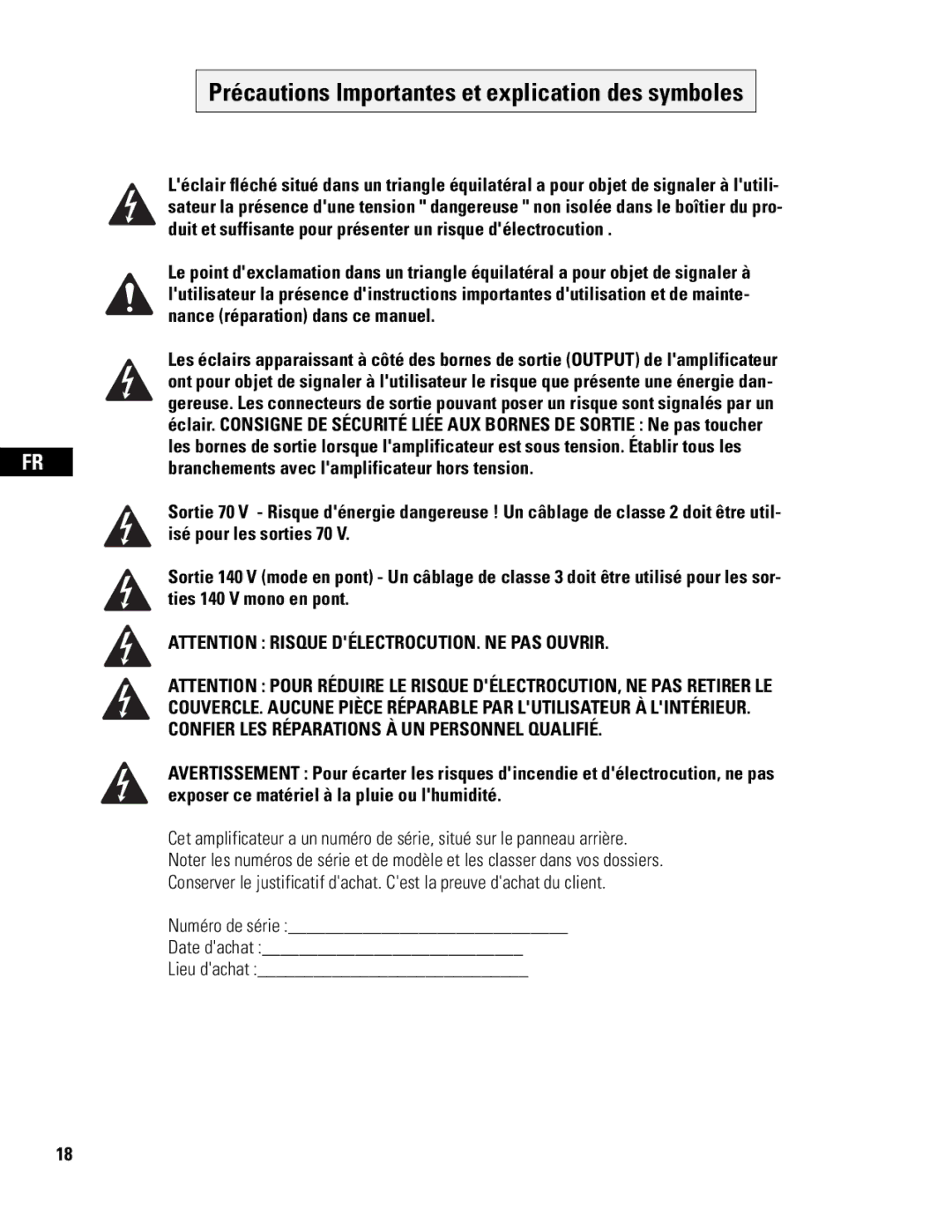 QSC Audio CX108V user manual Précautions Importantes et explication des symboles 