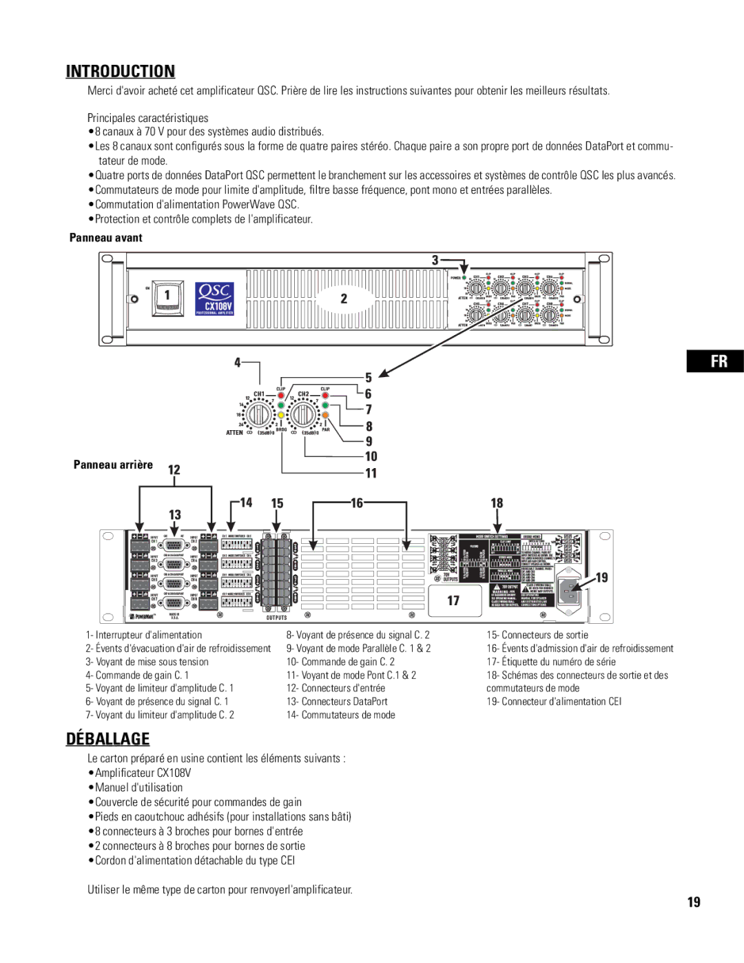 QSC Audio CX108V Déballage, Panneau avant Panneau arrière, Utiliser le même type de carton pour renvoyerlamplificateur 