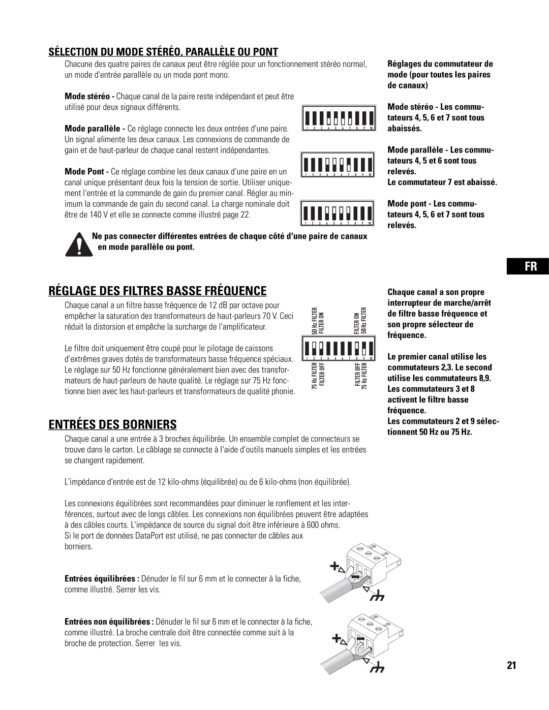 QSC Audio CX108V user manual Réglage DES Filtres Basse Fréquence, Entrées DES Borniers 