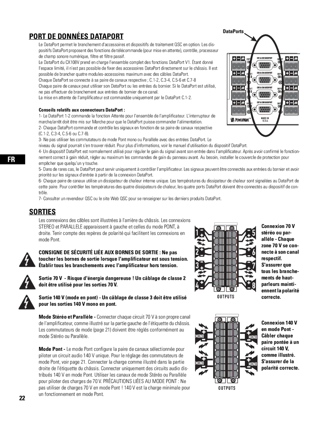 QSC Audio CX108V user manual Port DE Données Dataport, Sorties 