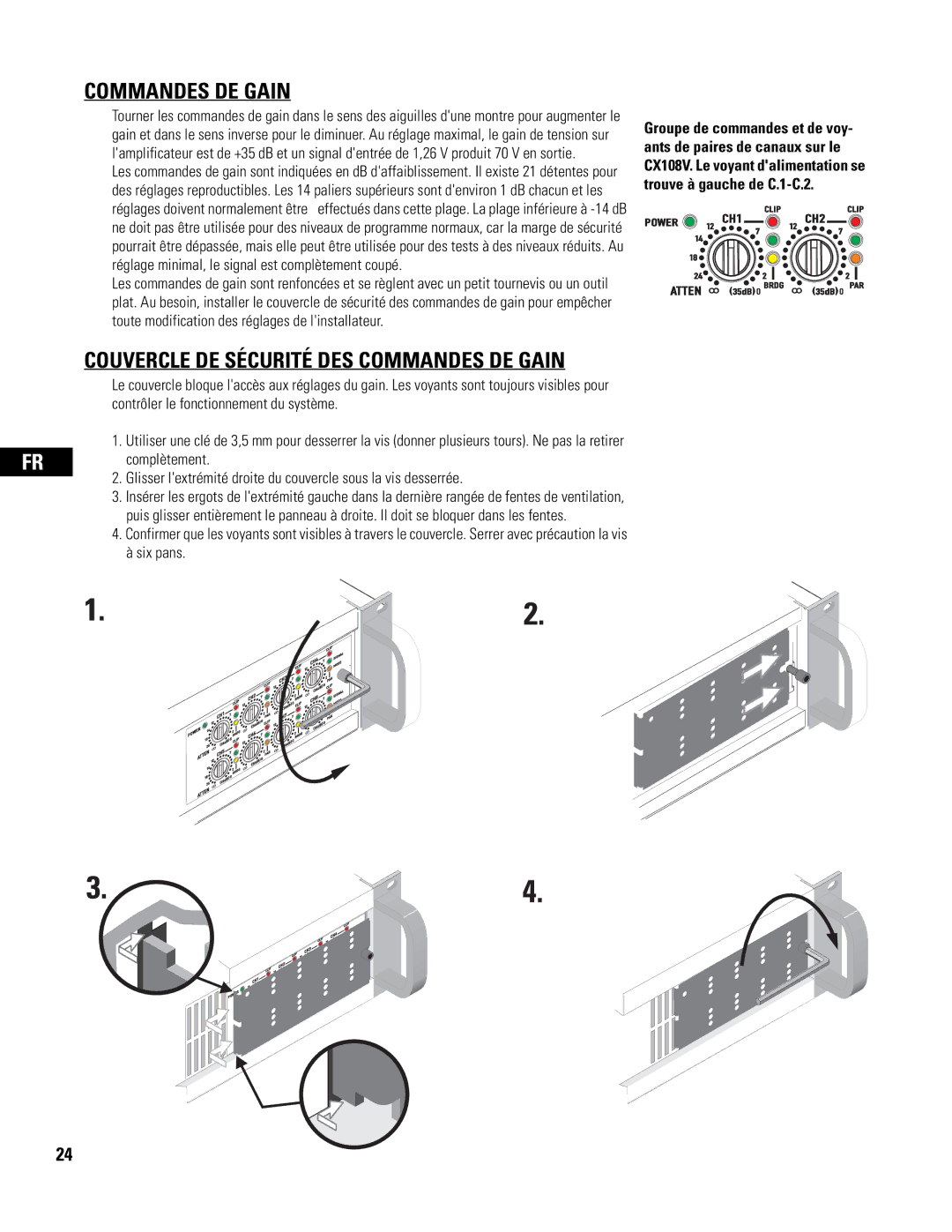 QSC Audio CX108V user manual Couvercle DE Sécurité DES Commandes DE Gain 