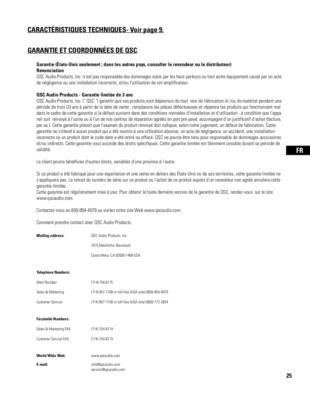 QSC Audio CX108V user manual Garantie ET Coordonnées DE QSC, QSC Audio Products Garantie limitée de 3 ans 